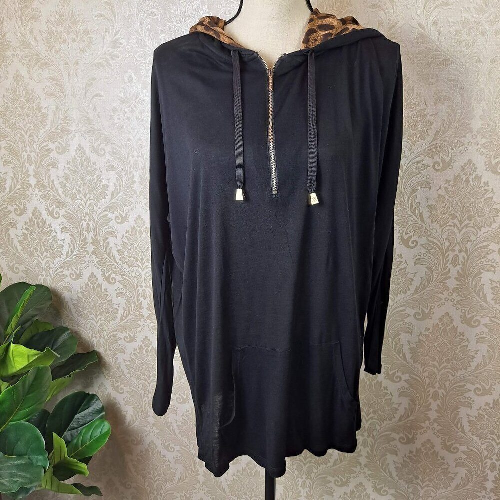 Kardashian Kollection Size XL Black Dolman Logo Hoodie Leopard Accent NWT